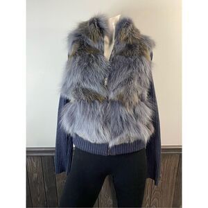 Medium, Seoul collection slate blue, gray coyote fur vest, jacket. Like new!